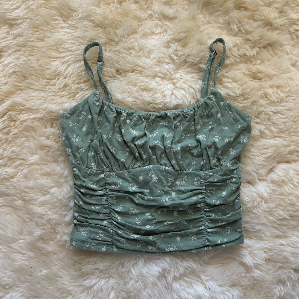 Hollister Sage Green Ruched Cami Tank Top with Small White Florals